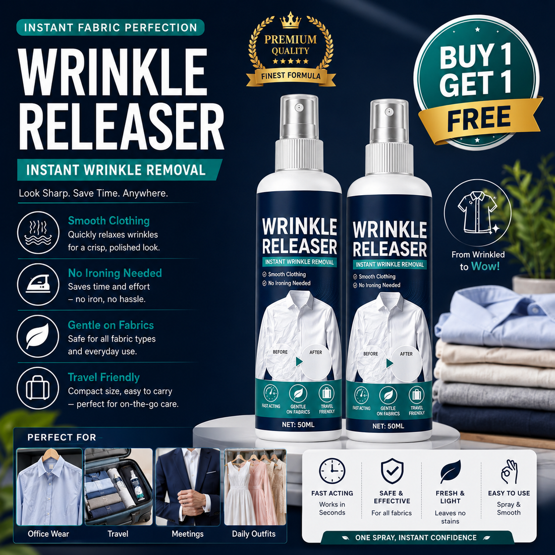 Travel Size Instant Wrinkle Releaser Spray (Pack of 2) – Quick Fabric Wrinkle Remover | Buy 1 Get 1 Free