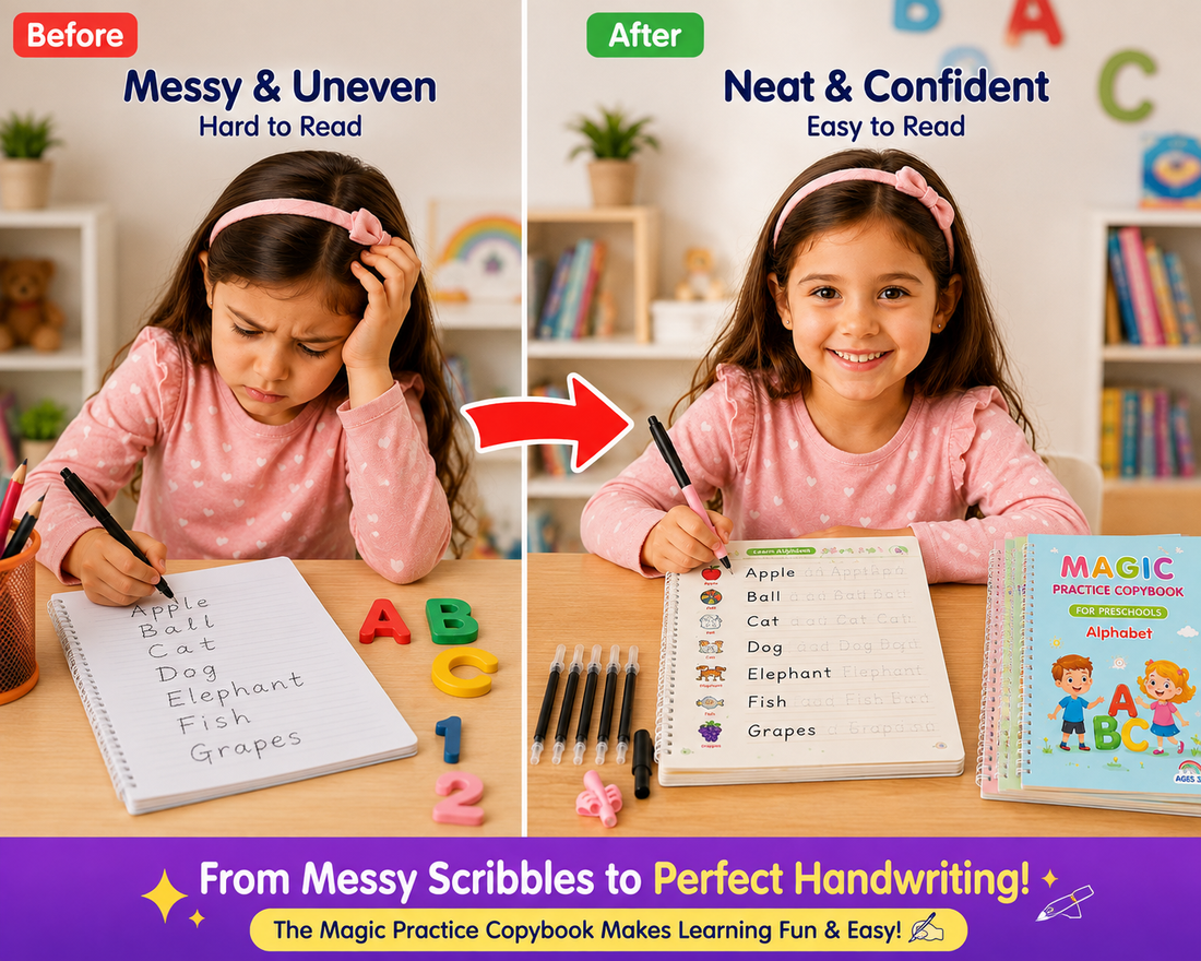 Magic Practice Copybook Set – 4 Handwriting Books with 10 Refills and 1 Grip for Kids