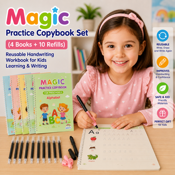 Magic Practice Copybook Set – 4 Handwriting Books with 10 Refills and 1 Grip for Kids