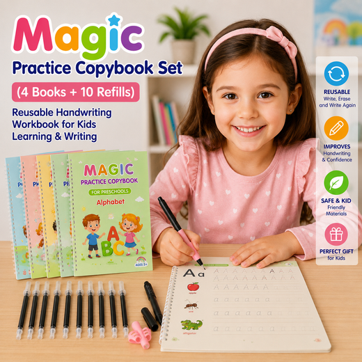 Magic Practice Copybook Set – 4 Handwriting Books with 10 Refills and 1 Grip for Kids