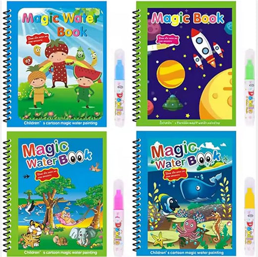 Magic Water Coloring Book Set (Pack of 4) – Reusable Aqua Painting Books with Water Pen for Kids & Toddlers